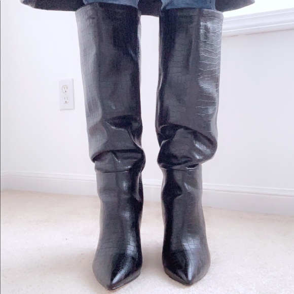 Knee Tall Vegan PU Croc Pointed Boots - Picture 7 of 8